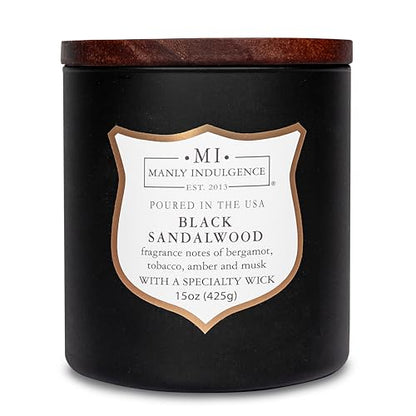Manly Indulgence Black Sandalwood Scented Candle for Men 15 oz – Bergamot, Tobacco, Amber & Musk - Wood Wick - Up to 60 Hours Burn - Soy Blend Wax, USA Poured – Signature Collection - color: Black Sandalwood