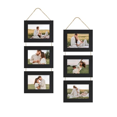 4x6 Collage Picture Frames Set of 2, Rustic Wooden Real Glass Horizontal Hanging 3 Opening 4 by 6 Photo Frame, Black - color: Black, size: Horizontal-4x6 in