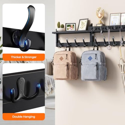 Evermagin 35" Coat Rack Wall Mount with Shelf & 13 Hooks, Entryway, Black | Wooden Wall Mounted Coat and Key Rack with Hooks, Key Hanger with Mail Holder for Living Room, Mudroom, Bedroom - color: Black, size: 35 inch