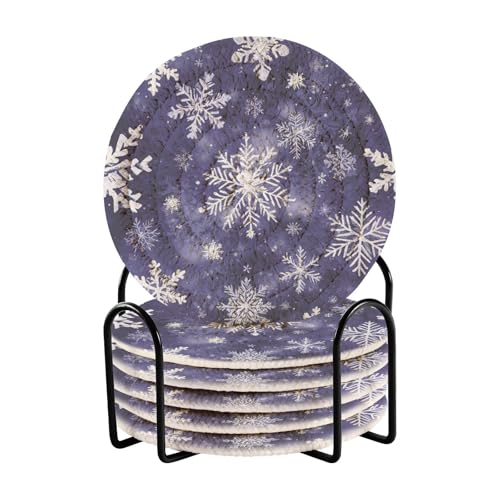 Caikeny 6 Pcs Drink Coasters with Metal Holder Purple Snowflakes Sliver Xmas Absorbent Coasters Decorative Woven Coaster Set for Coffee Table - color: Multi 10k1.42