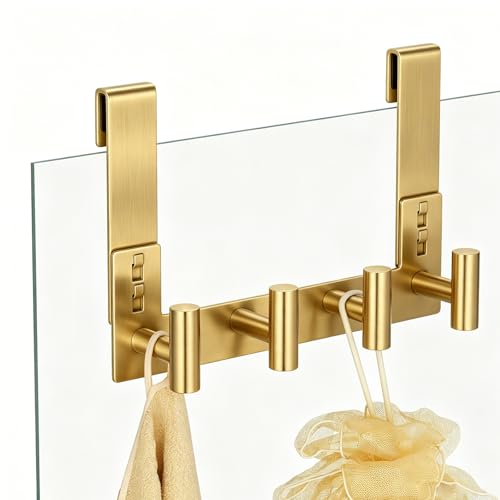 PMMASTO No-Drill Extra Long Shower Hooks, Fits 3/8" Thick Door, Heavy Duty Stainless Steel Towel Hooks for Frameless Glass Shower Door, Holds Bathrobe Towel (Gold, 4 T-Hooks) - color: Gold, size: 7.5 Inch-4 T-Hooks, Fits 3/8" Thick Door
