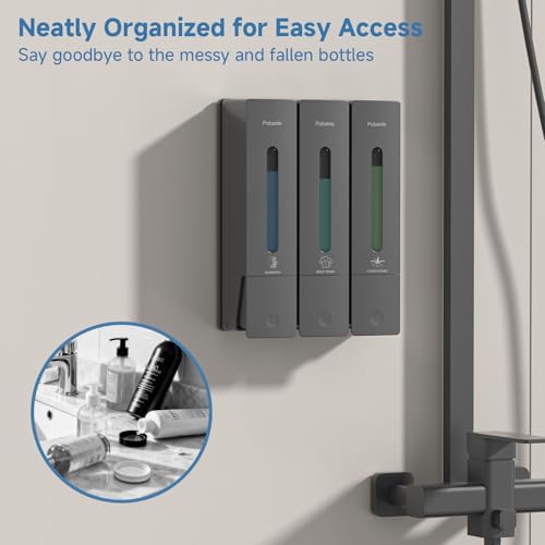 Shampoo and Conditioner Dispenser - Shower Soap Dispenser Wall Mounted No Drill - Shampoo Conditioner Body Wash Dispenser 3 Chamber - Easy Install for Bathroom Hotel Gungrey 1200ml - color: Grey 3 Chamber