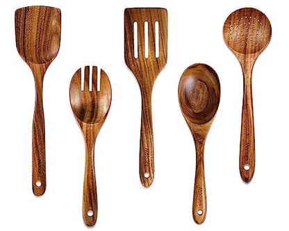 Wooden Kitchen Utensil Set, 5 PCS Natural Teak Wooden Spoons for Cooking | Wooden Spoons for Cooking with Comfort Grip, Smooth Durable Heat Resistant Cooking Spoons and Cooking Utensils for Cooking - size: 5 PCS Set