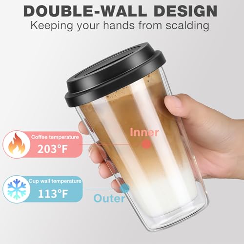 Qipecedm® 2 Packs Double Walled Glass Coffee Mugs with Silicone Lids, 12 OZ Reusable Glass Coffee Cups, Insulated Coffee Mugs, Cappuccino,Tea,Latte,Iced Coffee Cups, Glass Travel Mug, Heat Resistant