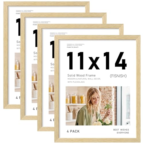 11x14 Picture Frame Set of 4, Natural Solid Wood Frames, Wall Mount | Display 11x14 Photos without Mat, Horizontal or Vertical, Oak Wood Grain - color: Natural, size: 11x14