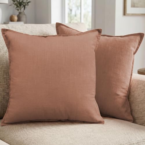 Cotton Linen Throw Pillow Covers 20x20 Inch Amber Brown Set of 2 | Breathable Decorative Cushion Cases with Invisible Zipper - for Boho Farmhouse Decor in Living Room Sofa Couch Bed and Patio - color: Amber Brown, size: 20" x 20" (Pack of 2)