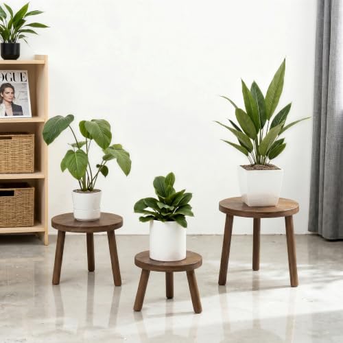 Wood Plant Stands 3-Pack Indoor, Plant Stool, Dark Brown | Premium carbonized pine with moisture-resistant, burr-free finish, Snap together in 60 seconds, no tools needed - color: Dark Brown, size: 3-Pack