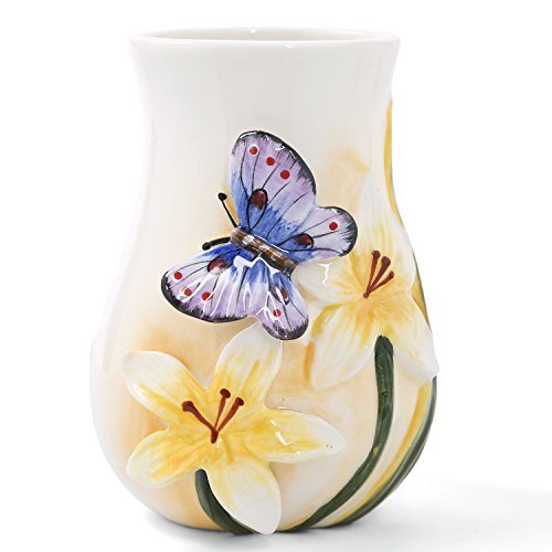 Ceramic Bathroom Accessory Set Dancing Butterfly Ceramic 5 Pieces Set,Including Toothbrush Holders,2 Gargle Tooth-Brushing Cups,Soap Dishes,Soap & Lotion Dispenser