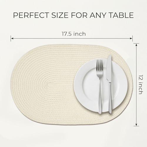 Placemats Set of 6, Woven Oval Braided Dining Table Mats(Cream White) | 12 x 17.5 Inch Size Fits Plates and Flatware; Hand Washable and Heat Resistant for Kitchen Use, with Farmhouse and Boho Style - color: Solid Beige White, size: 6 pcs