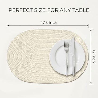 Placemats Set of 6, Woven Oval Braided Dining Table Mats(Cream White) | 12 x 17.5 Inch Size Fits Plates and Flatware; Hand Washable and Heat Resistant for Kitchen Use, with Farmhouse and Boho Style - color: Solid Beige White, size: 6 pcs