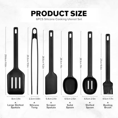 Silicone Kitchen Utensils Set, Heat Resistant Cooking Utensil with Spoon, Scraper, Spatula, Basting Brush & Tongs, BPA-free Non-stick Cookware for Frying, Basting, Serving, Grilling (6 Pack) (BLACK) - color: Black
