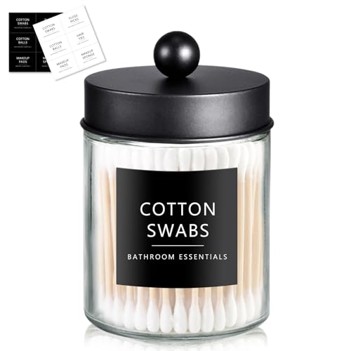 SheeChung 1 Pack Glass Qtip Holder with Matte Black Stainless Steel Lid | Apothecary Jar with Stickers, Modern Farmhouse Bathroom Vanity Organizer for Cotton Swabs, Balls, Pads - color: Black, size: 8 Ounces