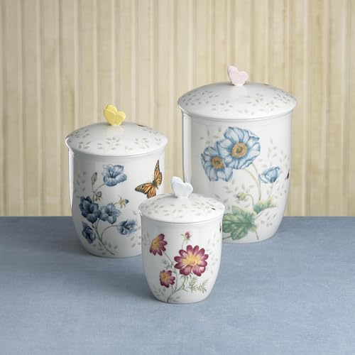 Lenox Butterfly Meadow 3-Piece Canister Set, 6.60 LB, Multi | dishwasher safe | floral design | condiment containers with lids, gift for women, kitchen storage gift - style: Round Canisters, Set of 3