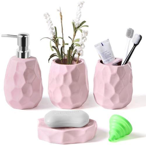 Ceramic Bathroom Accessories Set 4 PCS,Bathroom Toothbrush Holder Set,Soap and Toothbrush Holder Set,Include Toothbrush Holder,Soap Dispenser,Tumbler,Soap Dish,Bathroom Sets Decor Organizer (Pink) - color: Pink Ceramic 4 Pcs