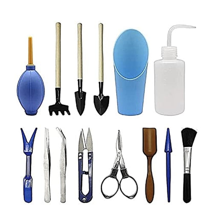 Tool Set Miniature, 14PCS Iron and Wood Garden Tool Set with Watering Bottle Brush Tweezers for Bonsai Transplanting Mini Potted Plants Home Office Garden