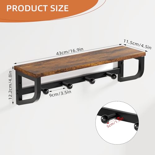 Coat Rack Wall Mount, Wood Wall Shelf with Hooks, Coat Hanger Wall Mount with 4 Metal Hooks, Wall Mounted Coat Rack Organizer for Entryway, Bedroom, Living Room, Room Decor, Brown 2 Pack - size: 33.8 inch-2 pack