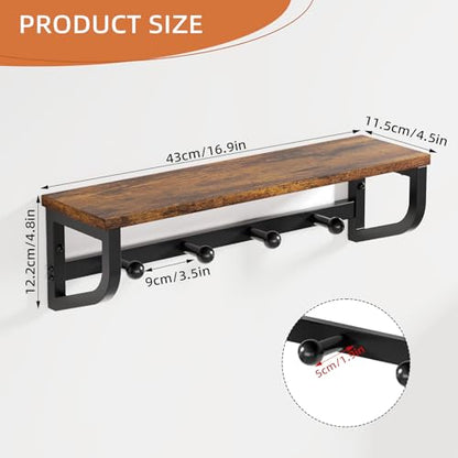 Coat Rack Wall Mount, Wood Wall Shelf with Hooks, Coat Hanger Wall Mount with 4 Metal Hooks, Wall Mounted Coat Rack Organizer for Entryway, Bedroom, Living Room, Room Decor, Brown 2 Pack - size: 33.8 inch-2 pack
