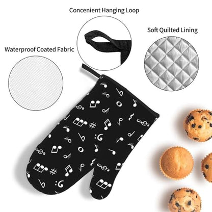 Music Notes Oven Mitts and Pot Holders Sets of 3 Black Hot Pads Musicial Oven Gloves Heat Resistant Non Slip Washable for Kitchen Cooking Grilling Baking - color: Music Notes