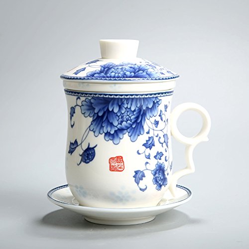Porcelain Tea Cup with Infuser Lid and Saucer Sets - Chinese Jingdezhen Ceramics Coffee Mug Teacup Loose Leaf Tea Brewing System for Home Office - color: National Beauty Blue and White