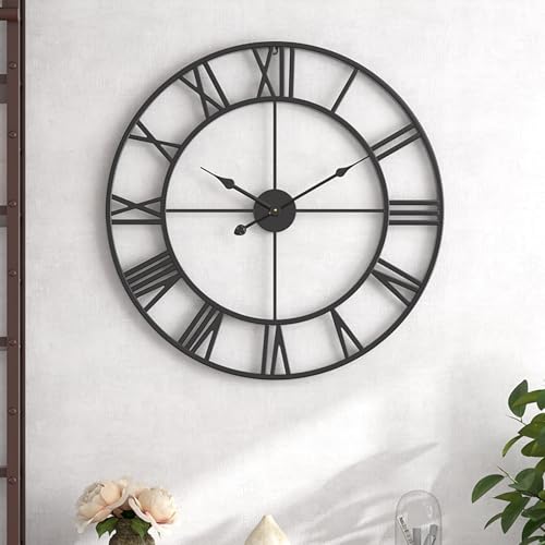 Large Outdoor Indoor Waterproof Metal Wall Clock, Completely Silent, 24 inch Roman Numerals Vintage Art Decor Modern Clocks, Mid-Century Battery Operated Home Decorative for Kitchen,Bedroom,Office - size: 24in