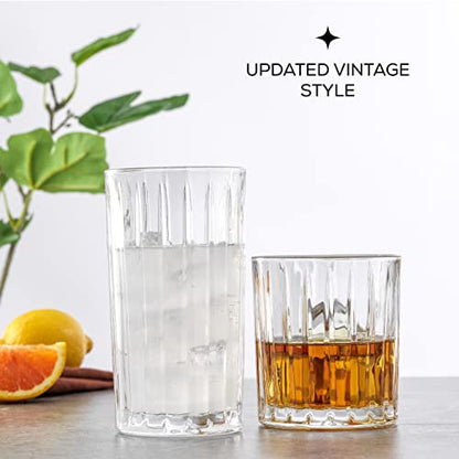 JoyJolt Drinking Glasses Set of 8, Alina Ribbed Glassware. 12oz Rocks Glass and 14oz Highball Glass set. Cocktail Glasses, Iced Coffee Cup or Water cups. Heavy Base Glassware Set - style: Fluted Glasses
