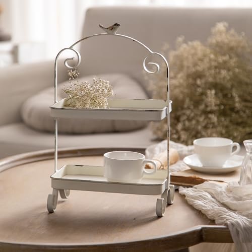 Decorative French Retro Distress Tray for Living Room and Hotel Tray Metal Iron White Trays for Home Decor 2-Tier Serving Tray Decor for Coffee Table