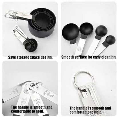 8 PCS Tainless Steel Measuring Cups and Spoons Set, Nesting Measuring Cup and Spoon Set for Precise Cooking Measurements in the Kitchen, Black - color: Black