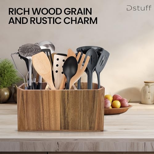 Large Kitchen Utensil Holder for Countertop – Acacia Wood Utensil Organizer with 3 Compartments, Beveled Edges Design, Non-Slip Silicone Pads & Drain Hole – Rustic Farmhouse Utensil Caddy Crock - size: 3 Compartment