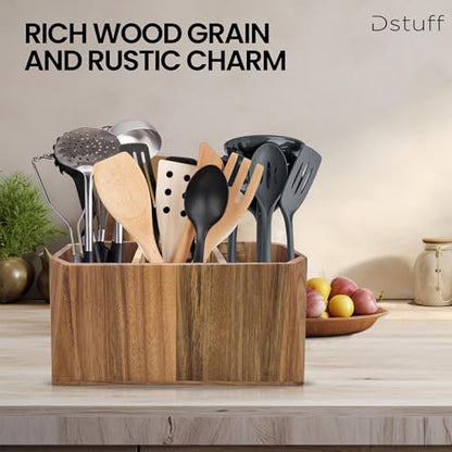 Large Kitchen Utensil Holder for Countertop – Acacia Wood Utensil Organizer with 3 Compartments, Beveled Edges Design, Non-Slip Silicone Pads & Drain Hole – Rustic Farmhouse Utensil Caddy Crock - size: 3 Compartment