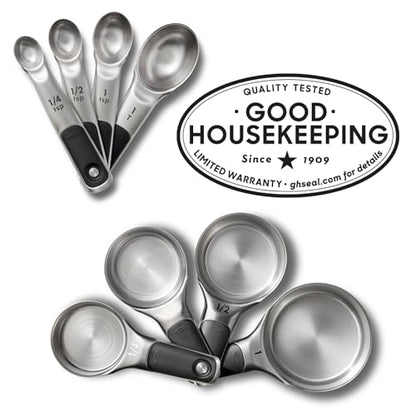 OXO Good Grips Stainless Steel Measuring Cups and Spoons 8-Piece Set | Magnetic Handles for Easy Nesting Storage, Non-Slip Grip, Etched Measurement Markings, Baking Tools, Dry and Liquid Measuring - size: 8 count, style: Set