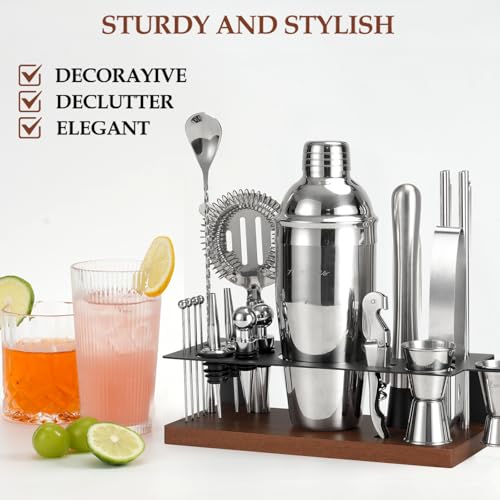 23-Piece Cocktail Shaker Set with Stand, 304 SS, Bartender Kit Gift | Complete Home Bar Set: Leak-proof Shaker, Jigger, Muddler, 18/8 Steel, Gift for beginners, cocktail lovers & house parties - color: Brown