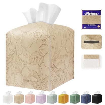 Tissue Box Holder Cover Square Tissue Cube Cover PU Leather Tissue Organizer with Bottom Belt for Bathroom, Tabletop, Kitchen, Night Stands, Office, Home, Car (1, SoftBeige) - color: Softbeige
