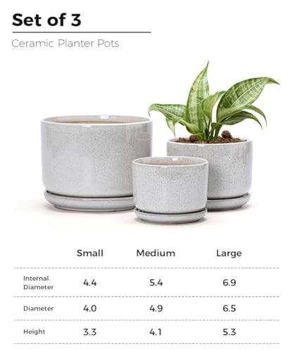 Ceramic Planters,Plant Pots with Saucers Set of 3(Reactive Glaze White) | Colorful Ceramic Planters for Indoor Plants | Medium Plant Pots | Cute Herb Planting Pots | 4+5+6.5 Inch Garden Pots - color: Speck