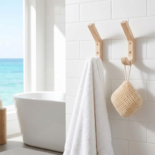 8 Pack Wooden Coat Hooks for Wall, Natural Oak Wood Wall Hooks, Heavy Duty Hat Hanger Hook, J-Shape Double Pegs for Hanging Coats, Towels, Bags, Scarves, Rustic Farmhouse Decor
