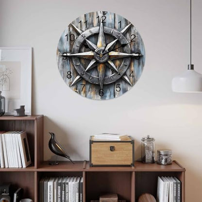 Yukro 14 Inch Retro Compass Wall Clock, Navigation Compass Wood Grain Battery Operated Silent Non Ticking Clocks, Easy to Read Round Wall Clock for Kitchen/Living Room/Bedroom/Office - color: Light Beige Gray Tan, size: 14 Inch