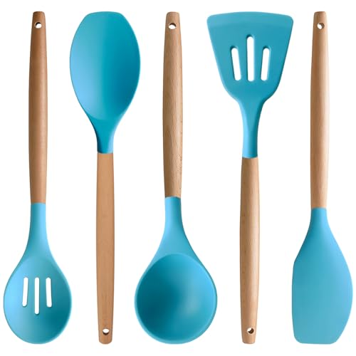 Silicone Kitchen Cooking Utensils Set, 5-Piece Non-Stick Silicone Kitchen Utensils Spatula Serving Spoons Turner Ladle Set w Wooden Handle Heat Resistant Cooking Gadgets for Nonstick Cookware - color: Light Blue, size: Standard 5-Piece Set