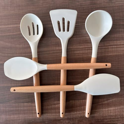 Silicone Kitchen Utensils Set of 5, Cooking Utensil Set with Heat Resistant Wooden Handle Non-Stick Silicone Spatula Spoon Turner Ladle, BPA FREE Cooking Kitchen Gadgets for Cookware & Baking - color: White, size: Standard 5-Piece Set