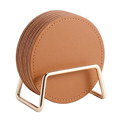 CASEGRACE Drink Coasters with Metal Holder Stand Set of 6, PU Leather Absorbent Coasters with Cork Base Table Coaster Set Decorative Coffee Cup Coasters Housewarming Gift for Home Decor - color: Brown