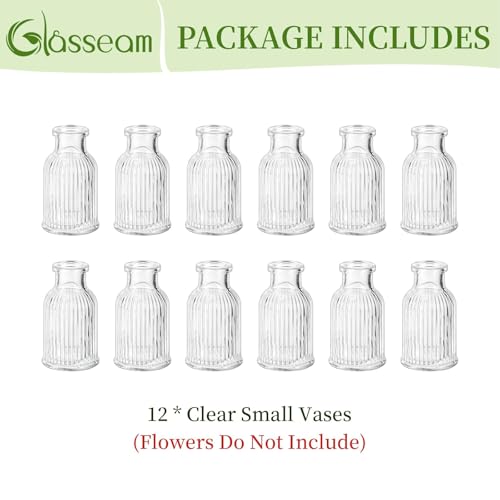 Glasseam Glass Bud Vases for Centerpieces: 12 Pcs Ribbed Small Flower Vases | Clear, Mini 3.7", Cute Table Centerpieces, Wedding Party, Baby Shower, Bridal Florist, Mini Home Decor, Living Room, Kitchen
