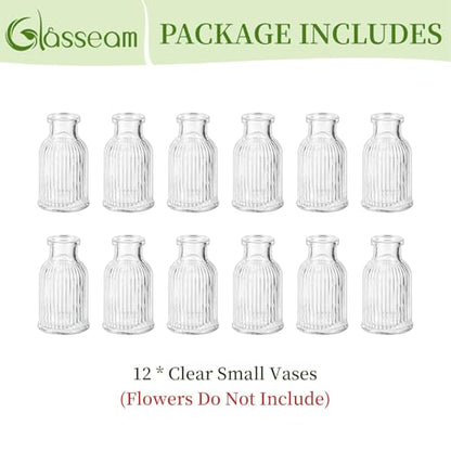 Glasseam Glass Bud Vases for Centerpieces: 12 Pcs Ribbed Small Flower Vases | Clear, Mini 3.7", Cute Table Centerpieces, Wedding Party, Baby Shower, Bridal Florist, Mini Home Decor, Living Room, Kitchen