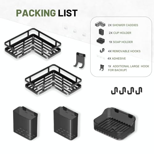 Adhesive Corner Shower Caddy Hanging - 6 Pack Rustproof Stainless Steel Corner Shelves Large Capacity Shower Organizer, Shower Caddy With Bathroom Accessories (BLACK)