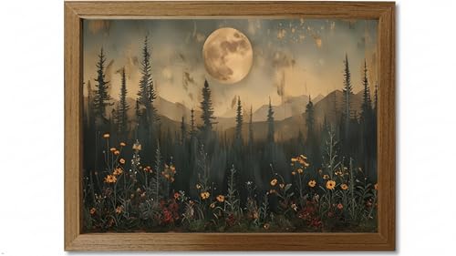 HYHSMiekl Full Moon Forest Wall Art Canvas Print, Moody Night Landscape Wildflower Painting, Cottagecore Pine Tree Decor, Waterproof Fade Resistant Framed Artwork, Ready to Hang (8x10 with Stand) - color: milin, size: 10"L x 8"W
