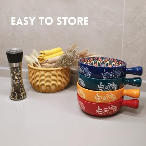 Bohemian Soup Bowls with Handles, 22 Oz French Onion Soup Crocks | Ceramic Soup Bowls for Cereal, Pasta, Chili, Chowder & Stew, Microwave, Dishwasher & Oven Safe, Bowls Set of 4