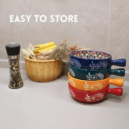 Bohemian Soup Bowls with Handles, 22 Oz French Onion Soup Crocks | Ceramic Soup Bowls for Cereal, Pasta, Chili, Chowder & Stew, Microwave, Dishwasher & Oven Safe, Bowls Set of 4