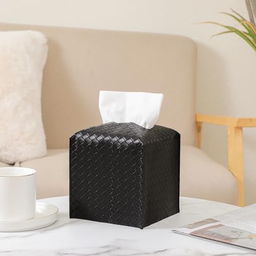 Tissue Box Cover PU Leather Tissue Holder Square Facial Tissue Case Facial Paper Organizer Dispenser for Bathroom, Vanity Countertop, Tabletop, Car, Black | PU Leather, Easy to Fill, Easy Clean, Decorative Tissue Box Holder for Office, Bathroom, Kitchen,
