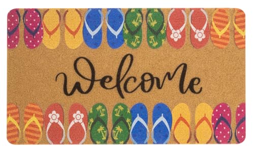 Hello Summer Entrance Welcome Doormat - Flip Flops Decorative Non-Slip Seasonal Coir Doormat for Indoor Outdoor 17" X 29" - color: Brown- Style 3