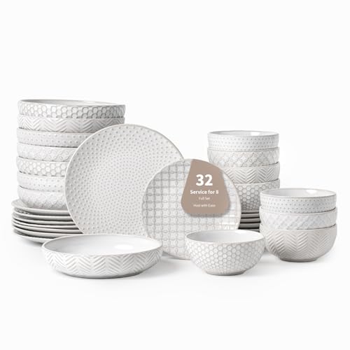 FOBENTA 32-Piece Luxury Dinnerware Set,Complete Plates and Bowls Set for 8,Upscale Ceramic Dish Set for Hosting, Holidays & Family Gatherings–Microwave & Dishwasher Safe - size: Service for 8-32Pcs (Double Bowl)