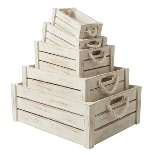 Set of 3 White Wooden Crates with Rope Handles, Nesting Decor Storage Boxes | Rustic Farmhouse Organizer for Kitchen, Living Room, Bathroom, or Pantry. Nesting Design Keeps Shelves Tidy. - color: White Vintage