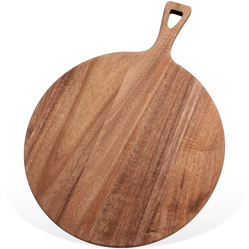 16.9 x 12.6 Inch Large Acacia Wood Cutting Board with Handle Large Round Wooden Cutting Boards Cutting Serving Board for Kitchen Meat Bread Cheese Pizza Vegetables Board Wedding Housewarming Gift - color: Large Acacia Wood, size: 16.9 x 12.6 Inch