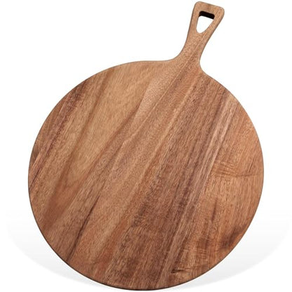 16.9 x 12.6 Inch Large Acacia Wood Cutting Board with Handle Large Round Wooden Cutting Boards Cutting Serving Board for Kitchen Meat Bread Cheese Pizza Vegetables Board Wedding Housewarming Gift - color: Large Acacia Wood, size: 16.9 x 12.6 Inch